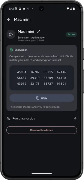 Reflecto encryption screen with a verifiable safety number for each device pair
