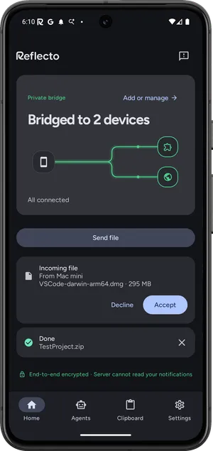 Reflecto on Android sending a file directly to a paired computer