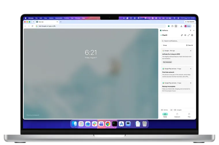 Reflecto side panel in Chrome showing mirrored Android notifications on a MacBook