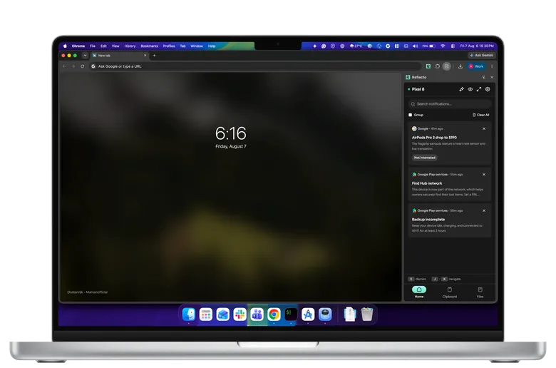 MacBook with the Reflecto side panel in Chrome showing mirrored Android notifications