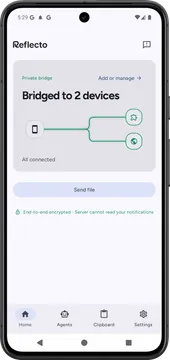 Reflecto Android app showing the live device bridge