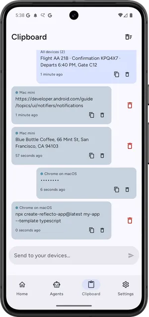 Reflecto clipboard timeline on Android showing clips synced from a computer