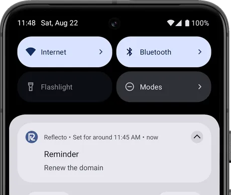 A reminder notification on Android reading "Renew the domain", set for around 11:45 AM