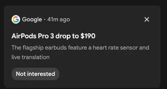 A mirrored notification as Reflecto renders it: Google, AirPods Pro 3 drop to $190