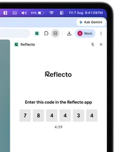 The Reflecto side panel in Chrome showing a six-digit pairing code